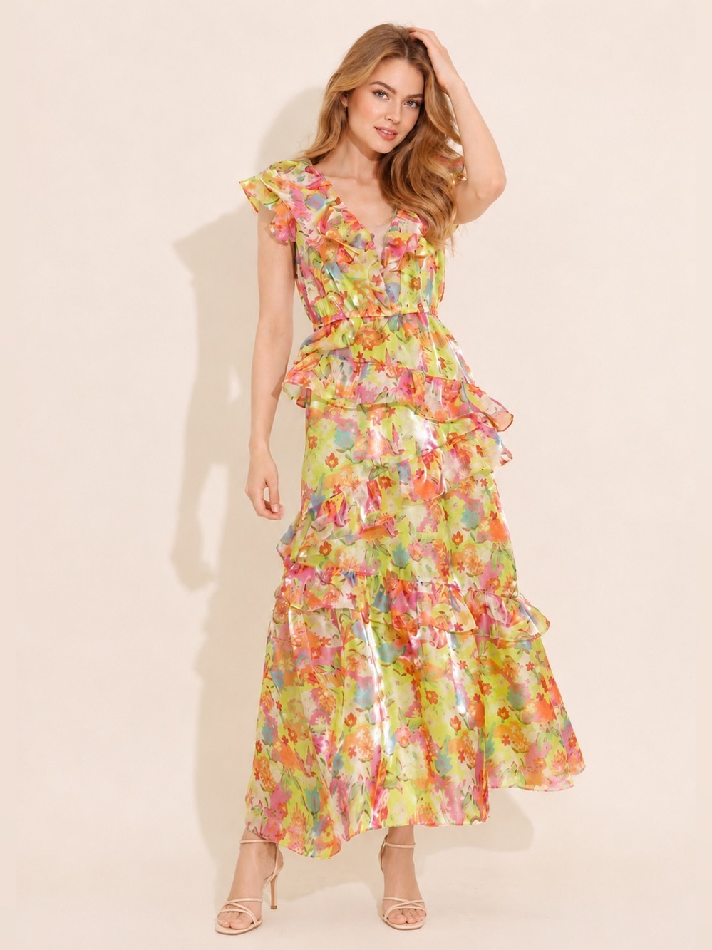 Alden Adair Avery Eden Tiered Ruffle Shimmer Maxi Dress Elastic Waist XSmall NWT